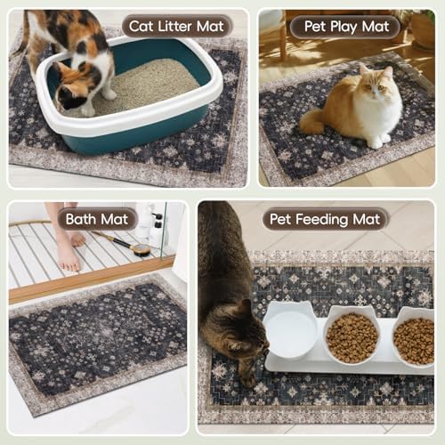 Cat Litter Mat Litter Trapping Mat, 24"x15" Waterproof Urine Proof Litter Box Mat Catcher Mat Non-Slip Washable for Kitty Kitten, Black