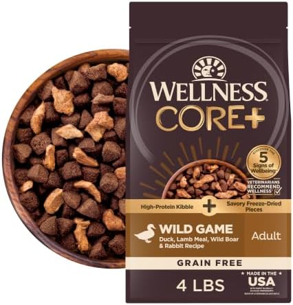 Wellness CORE+ Adult Dry Dog Food with Freeze Dried Pieces, Grain Free Kibble+, Natural, High Protein, Wild Game Duck, Lamb, Boar, and Rabbit Recipe, 4 lb Bag