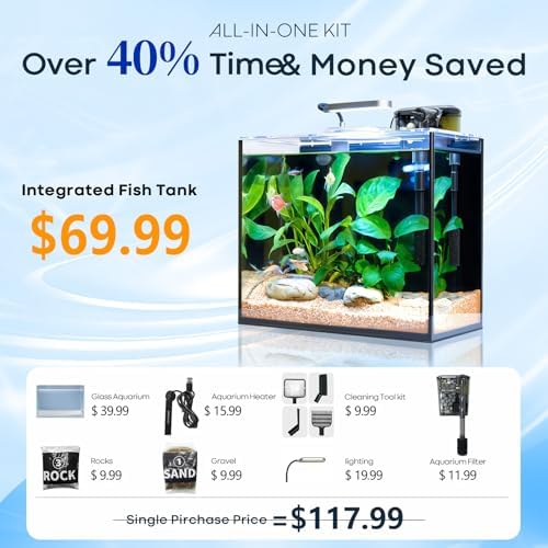3 Gallon Small Fish Tank Glass Aquarium Set, Starter Kit with Heater Water Pump Cleaning Filter Bright Light Rocks Gravel Cleaning Tool, Leak-Proof Clear Rimless Desktop Spaces Saving Betta Fish
