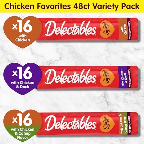 Delectables Squeeze Up Non-Seafood Chicken with Duck & Catnip Variety Pack, Creamy Squeezable Puree, Lickable Wet Cat Treats, Grain-Free, No Added Fillers, 0.5 Ounces Tube, 48 Tubes Total