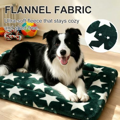 Dog Bed Mat, Reversible Crate Pad & Cute Dog Bed - Machine Washable Kennel Mat with Ultra Soft (Big&Small Stars Green, 30" L*20" W*1.5" Th)