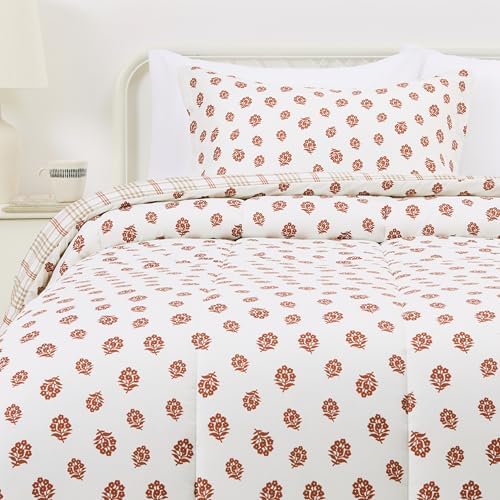Amazon Basics Lightweight Microfiber Comforter Sets, 2-Pieces, Off White, Floral, Twin/Twin XL