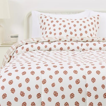 Amazon Basics Lightweight Microfiber Comforter Sets, 2-Pieces, Off White, Floral, Twin/Twin XL