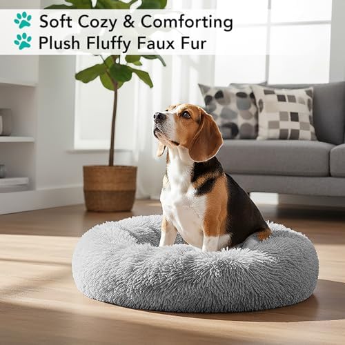 PetAmi Calming Donut Dog Bed, Washable Faux Fur, 30 Inch Medium, Light Grey