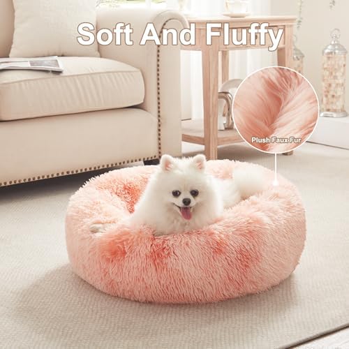 23 in Faux Fur Fluffy Donut Dog Bed for Small Dogs,Tie-dye Pink