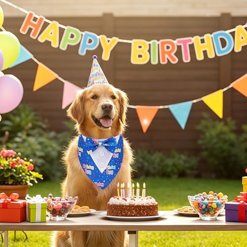 ADOGGYGO Birthday Dog Bandana with Bowtie, Blue Boy Dog Tuxedo, Large