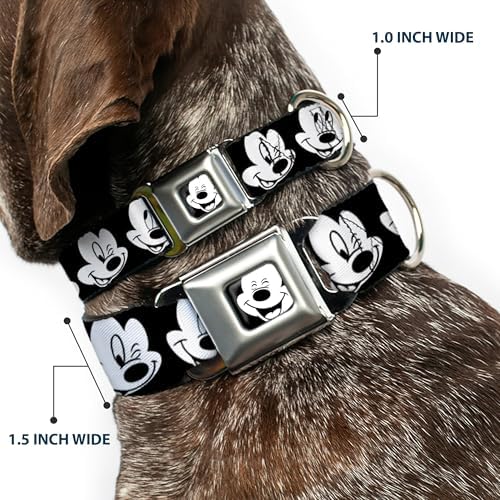 Disney Pet Collar, Dog Collar Metal Seatbelt Buckle, Mickey Mouse Expressions Close Up Black White, 9.5 to 13 Inches 1.0 Inch Wide