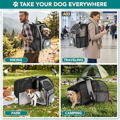 PetAmi Expandable Dog Backpack Carrier for Cats & Pets, Breathable Cat Carrier Backpack with Top Window & Multi-Entry, Ventilated Foldable Travel Carrier for Small Medium Pets up to 18 lbs, Light Gray