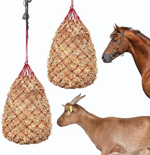 Slow Feed Hay Nets for Horses, 2 Pack, 40 Inch, 2 Inch Holes, Red