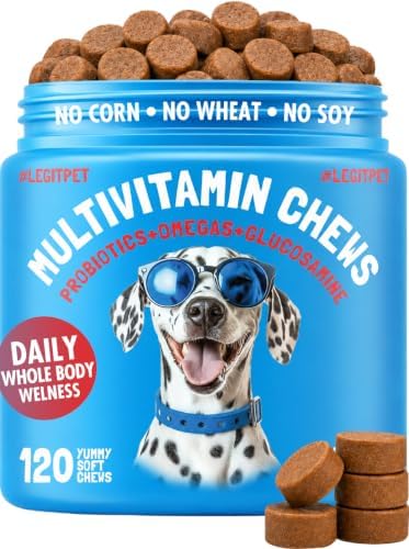 Dog Vitamins - 120 Multivitamins Chews w/Glucosamine Chondroitin, Probiotics Digestive Enzymes and Omegas - Supplement for Overall Health - Joint Support, Immune Health, Skin and Heart Health
