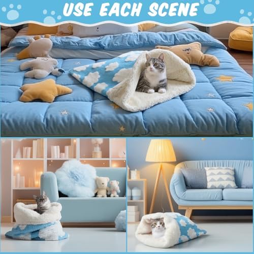 Self Heating Cat Sleeping Bag Indoor Self Warming Cat Bed Cave Heated Pad Cozy Soft Winter Washable Wrap Pet Snuggle Sack Pouch for Puppy Dog Kitten, 24 x 21 Inch, Blue and White