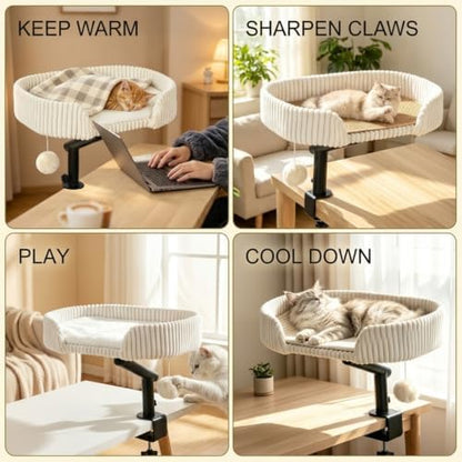 Angoily Cat Bed, Clamp-on Desk Cat Bed with 3 Mat 360 Rotation Perch
