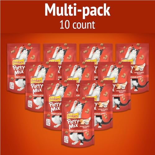 Friskies Purina Made in USA Facilities Cat Treats, Party Mix Crunch Gravylicious Chicken & Gravy Flavors - (10) 2.1 oz. Pouches