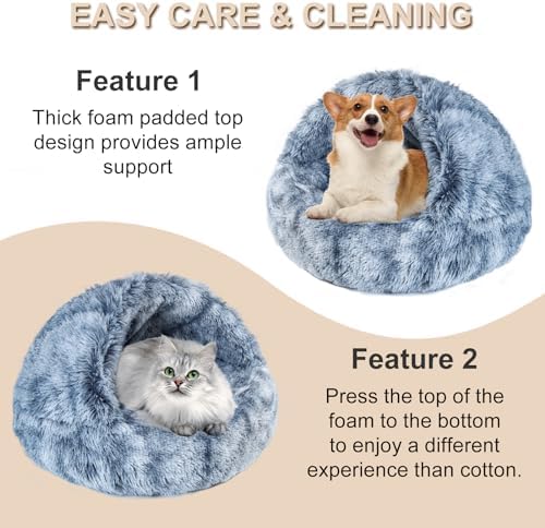 Calming Dog and Cat Cave Bed with Hooded Cover, Faux Fur, Round, Removable Washable, Anti-Slip, for Small Medium Pets (25")