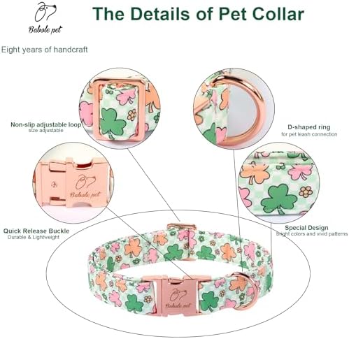 St. Patrick's Day Dog Collar for Small Dogs - Lucky Clover Pastel Dog Collars, Irish Spring Shamrock Pet Collars, Adjustable Heavy Duty Dogs Collar with Metal Buckle S