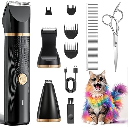 Cat Grooming Clippers Kit with Paw Trimmer, 3 in 1 Electric Pet Hair Trimmer Supplies for Thick Matted Hair, Heavy Coat Butt Shaver Cat Razor Fur Trimmer for Dogs at Home (Black)