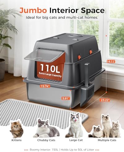 GTPLAYER XXL Stainless Steel Cat Litter Box with Lid, High Sided Enclosed Cat Litter Box, Activated Carbon Odor Control, Extra Large Metal Litter Box, Anti-Leak, with Mat, Scoop & Stickers, Gray
