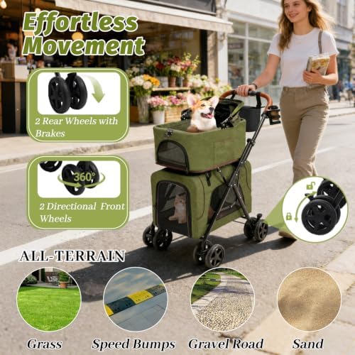 Double Pet Stroller, Foldable Dog Stroller with Detachable Carriers