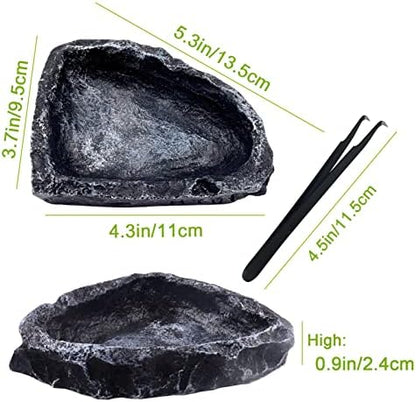 2 Pack Reptile Water Dish - Reptile Water and Food Bowls with Tongs Imitating Natural Rock，Breadworm Feeding for Leopard Gecko Lizard Spider Scorpion Chameleon (2Pcs Square Type)