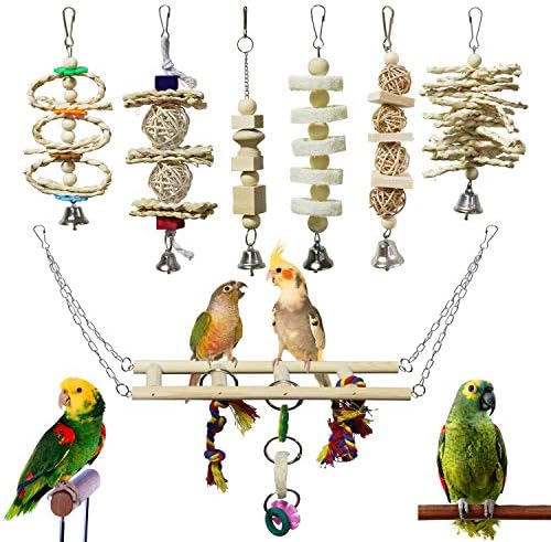 BWOGUE 7 Pack Bird & Parrot Toys, Bird Cage Toys for Conures, Wood Chew Set