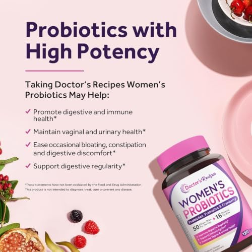 Doctor's Recipes Women's Probiotic, 120 Caps 50 Billion CFU 16 Strains, with Organic Cranberry, Digestive Immune Vaginal & Urinary Health, Shelf Stable, Delayed Release, No Soy Gluten Dairy