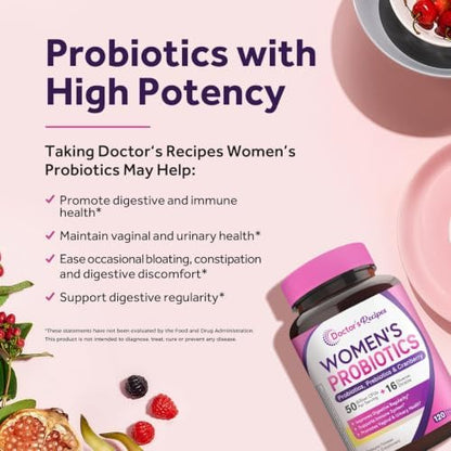 Doctor's Recipes Women's Probiotic, 120 Caps 50 Billion CFU 16 Strains, with Organic Cranberry, Digestive Immune Vaginal & Urinary Health, Shelf Stable, Delayed Release, No Soy Gluten Dairy