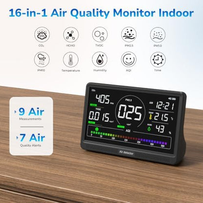 Fil-Fresh 16 in 1 Air Quality Monitor Indoor, CO2 Monitor Air Quality Tester with 9 Display+7 AQI Alerts for CO2, TVOC, HCHO, PM2.5, PM1.0, PM10, Time, Temperature, Humidity Meter, 7" Display (Black)