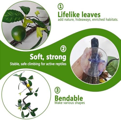 BNOSDM 2PCS Reptile Climbing Branch, Bendable Jungle Vine with Leaves Terrarium Plant Decoration with Suction Cup Chameleon Cage Accessories for Gecko Lizard Bearded Dragons Snake (Lemon Leaf)