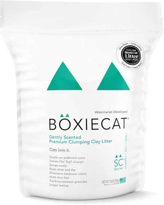 Boxie Cat Litter 16 Lb Clumping Clay + Cleanup Bundle - Boxiecat Premium Clumping Clay Cat Litter - Gently Scented Formula | Boxiecat Scoop & Tie Cat Litter Waste Bags
