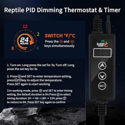 LUCKY HERP Reptile Light Fixture with Dimming Thermostat & Timer, Aluminum 8.5inch Dome Reptile Lamp Fixture, Heat Lamp Fixture for Reptile Bulb Basking Heat Bulb