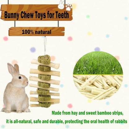 kathson Natural Bunny Toys for Rabbits,4 PCS Hanging Rabbit Chew Toys Treats with Timothy Hay Cakes & Sweet Bamboo Stick,Reduce Boredom,Keep Dental Health,Chewing Toys for Guinea Pigs Bunny Hamster