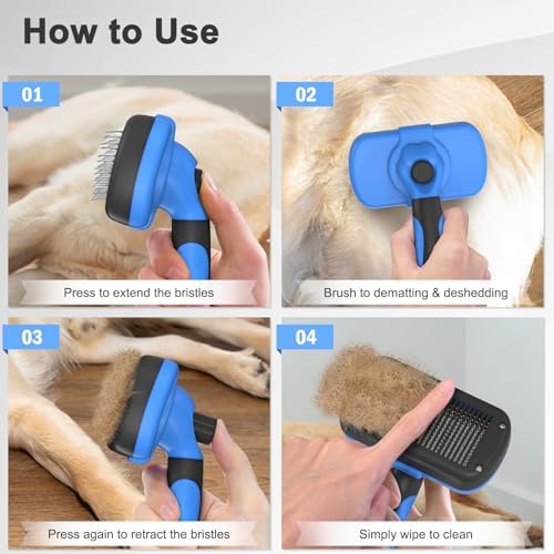Dipoo Self-Cleaning Brush for Pet Deshedding - Skin-Friendly Grooming Tool for Dogs and Cats, Blue