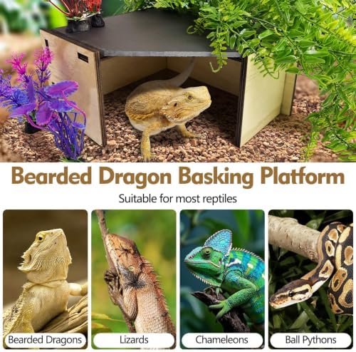 PINVNBY Large Bearded Dragon Basking Platform Wooden Snake Hide Ball Pythons Hide with Slate Rock Leopard Gecko Tank Accessories for Crested Gecko Chameleon(Triangle: 12.6 x 9.84 x 4.53 inches)