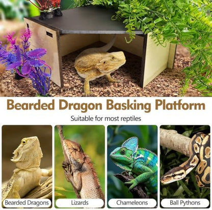 PINVNBY Large Bearded Dragon Basking Platform Wooden Snake Hide Ball Pythons Hide with Slate Rock Leopard Gecko Tank Accessories for Crested Gecko Chameleon(Triangle: 12.6 x 9.84 x 4.53 inches)