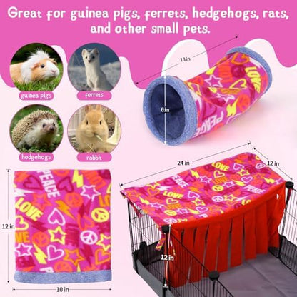 NAPLORD Small Pet Fleece Set,Guinea Pig Snuggle Sack, Tunnel,Fleece Forest Hideout,Square and Round Potty Pads for Guinea Pigs and More