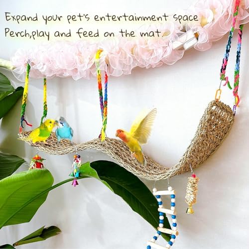 Bird Seagrass Mat 39.4×7" Long Natural Macaw Woven Net Hammock Hanging on Parrot Cage with Hooks Climbing Ladder Swing Chew Toys for Cockatoo Large Parrot Supplies