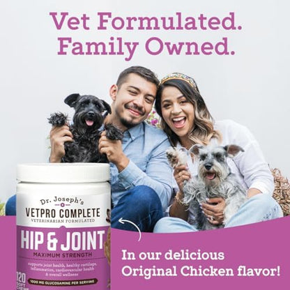 Dr. Joseph's VetPro Complete Dog Hip & Joint Wellness Supplement – High-Strength Glucosamine, MSM, Omega & Chondroitin Chews and Breeds – Vet Formulated Chicken Dog Treat - 60 Count