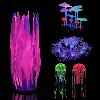 Lpraer 5 Pack Glow Aquarium Decorations Kelp Coral Mushroom Sun Flower Jellyfish Simulation Glow Plant Glowing Effect Silicone for Fish Tank Decorations