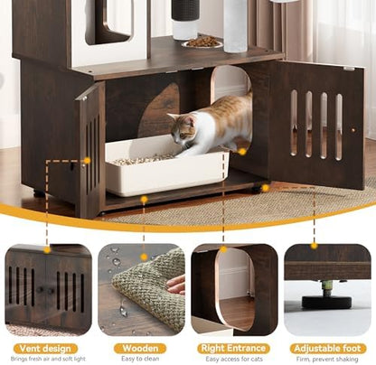 YITAHOME Cat Tree with Litter Box Enclosure, 2-in-1 Cat Furniture, Modern Cat Condo with Cat House, Perch, Food Station, Hammocks, Scratch Post, Hair Brush, 59 Inch, Rustic Brown