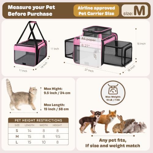 Top and 2 Sides Expandable Cat Carrier 18x11x11 TSA Airline Approved