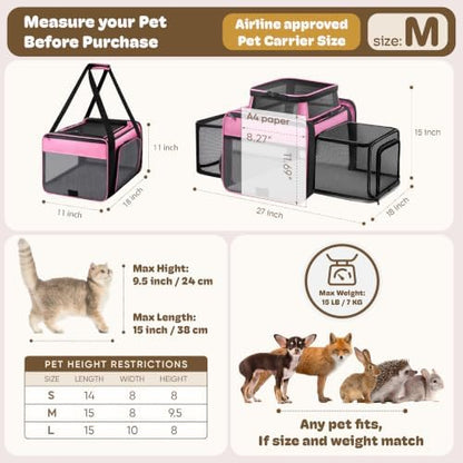 Top and 2 Sides Expandable Cat Carrier 18x11x11 TSA Airline Approved