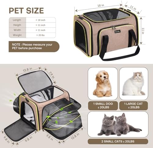 Pet Carrier, Large Soft Sided Expandable Travel Carrier with Steel Frame, Anti-Scratch Mesh, Removable Fleece Pad and Pockets for Cats, Dogs and Small Animals up to 15 lbs (Brown, 4 Sides Expandable)