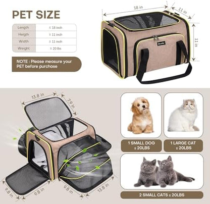 Pet Carrier, Large Soft Sided Expandable Travel Carrier with Steel Frame, Anti-Scratch Mesh, Removable Fleece Pad and Pockets for Cats, Dogs and Small Animals up to 15 lbs (Brown, 4 Sides Expandable)