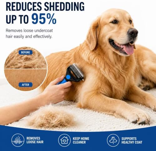 Deshedding Dog Brush，3-in-1 Undercoat Rake for Dogs (Blue)