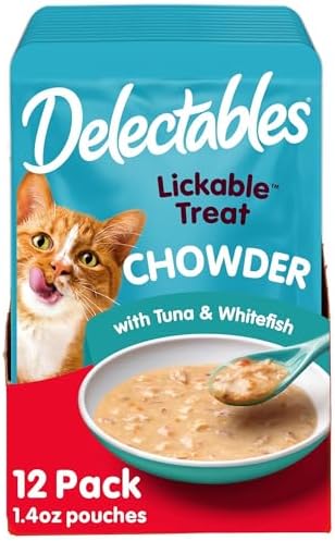 Delectables Lickable Treat Chowder Wet Cat Treat with Real Tuna & Whitefish, Food Topper, Hydrating, Grain-Free, No Fillers, By-Products, Added Preservatives, 1.4oz Pouch, 12ct