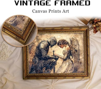 Vintage Gold Framed Medieval Knight Wall Art, Retro Fantasy Warrior Angel Oil Painting Canvas Print, Antique Gothic Romantic Wall Decor, Dark Academia Poster Artwork for Bedroom Living Room