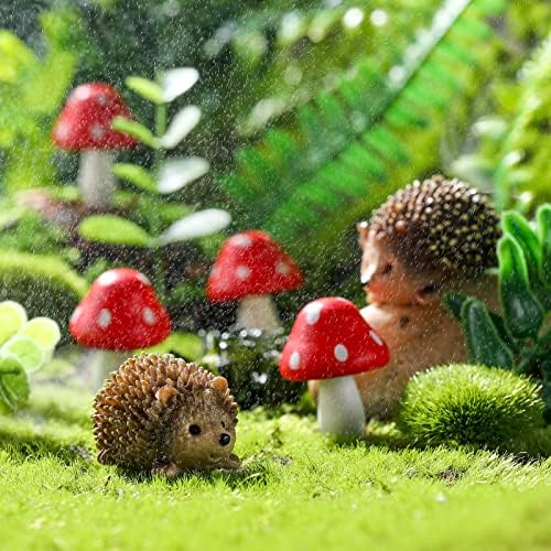 Queekay Fairy Garden Hedgehog Miniature Figurines, Resin Mushroom Decor