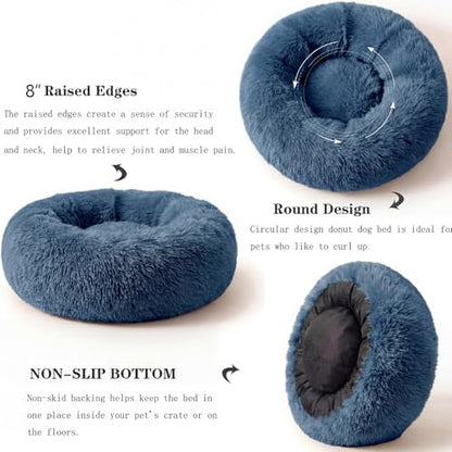 Calming Dog Bed for Medium Dogs Washable Donut 30 inches Anti-Slip Pet Bed,Round Fluffy Plush Faux Fur Cat Bed,Fits up to 45 lbs Pets,Navy Blue