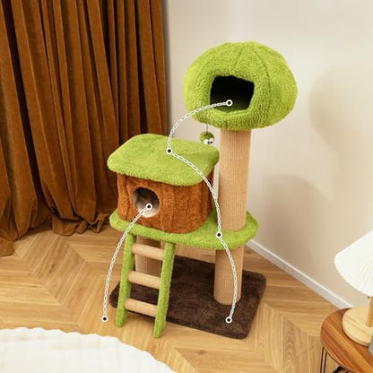 PETSITE 56-inch Forest-Themed Cat Tree, Multi-Level Cat Tower with 2 Cute Condos, Climbing Ladder, Teasing Ball, Sisal Posts, and Removable Cushion, Modern Cute Cat Tree for Indoor Cats