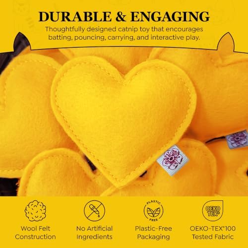 Catnip Toy – Heart Shape, Organic Catnip, 100% Wool Felt, Grown & Made in The USA - Yellow